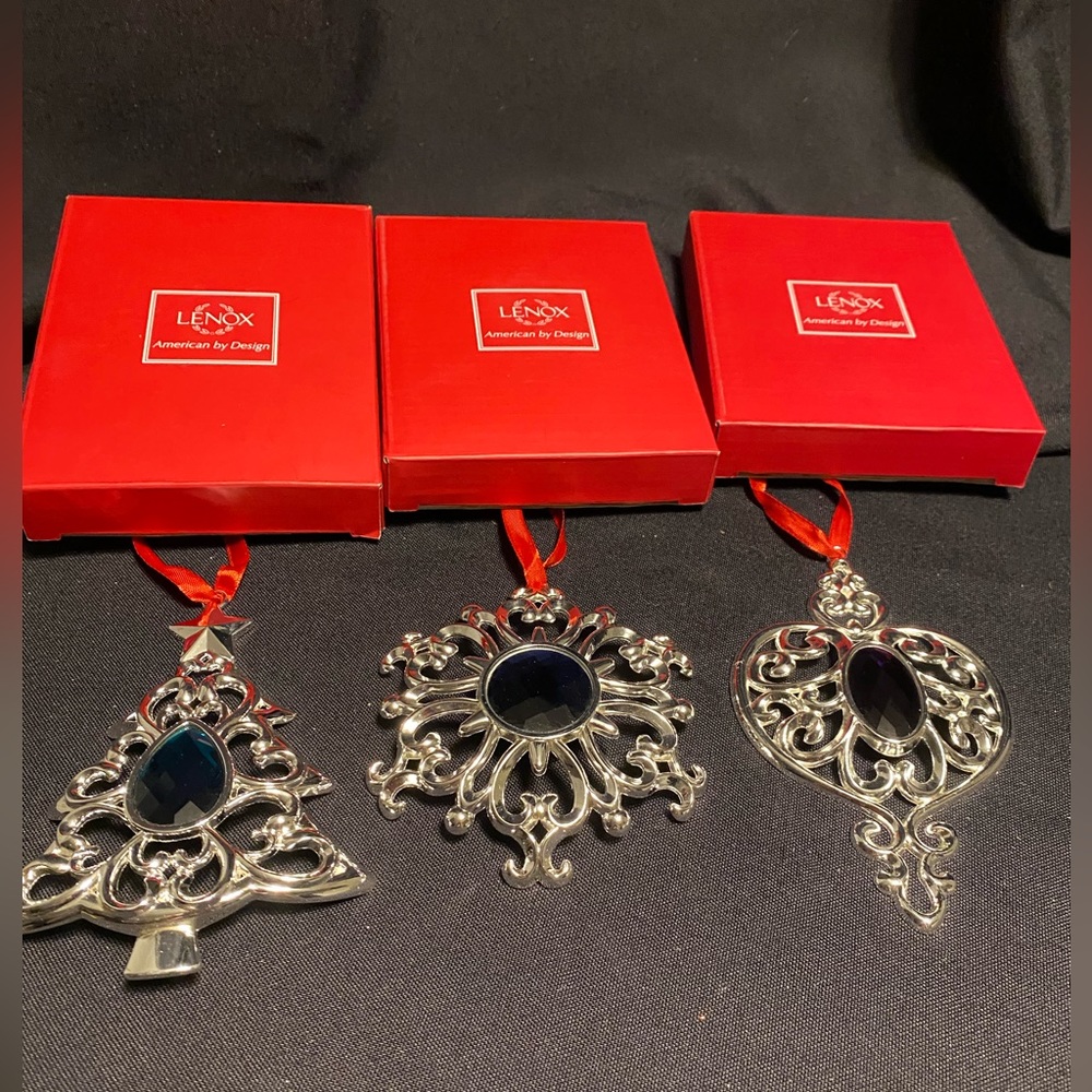 *** Set of three Lennox bejeweled silver-plate ornaments. Vintage.
